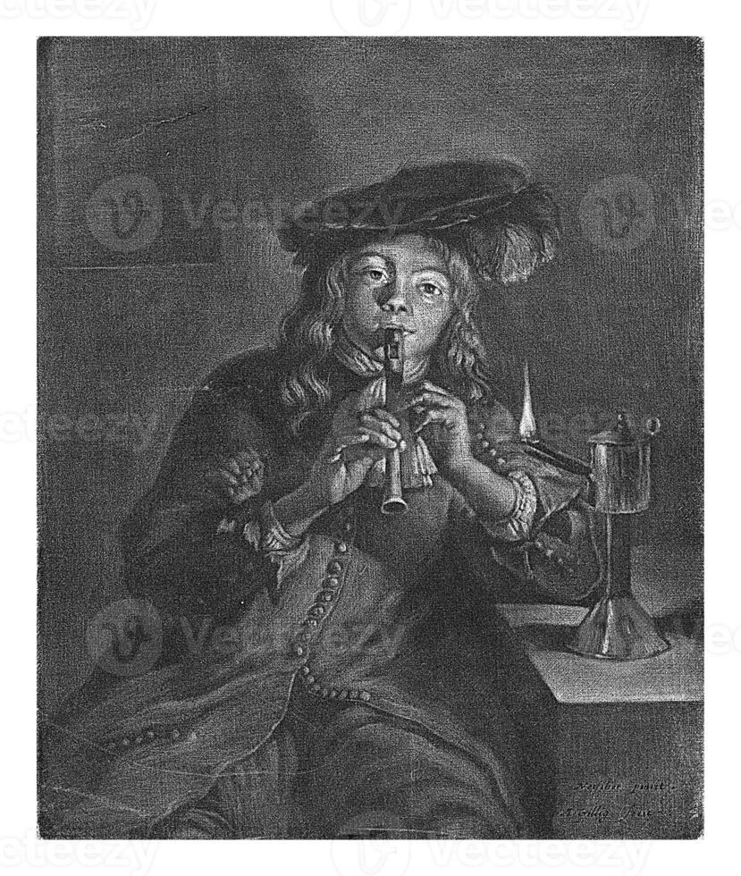 pojke spelar de flöjt, michiel gillig, efter caspar netscher, 1682 - 1688 foto