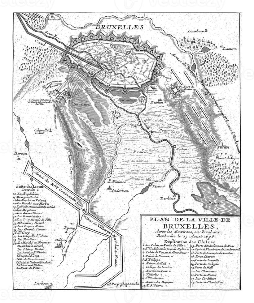 Karta med de franska positioner från som de stad av bryssel var bombade, 1695 foto