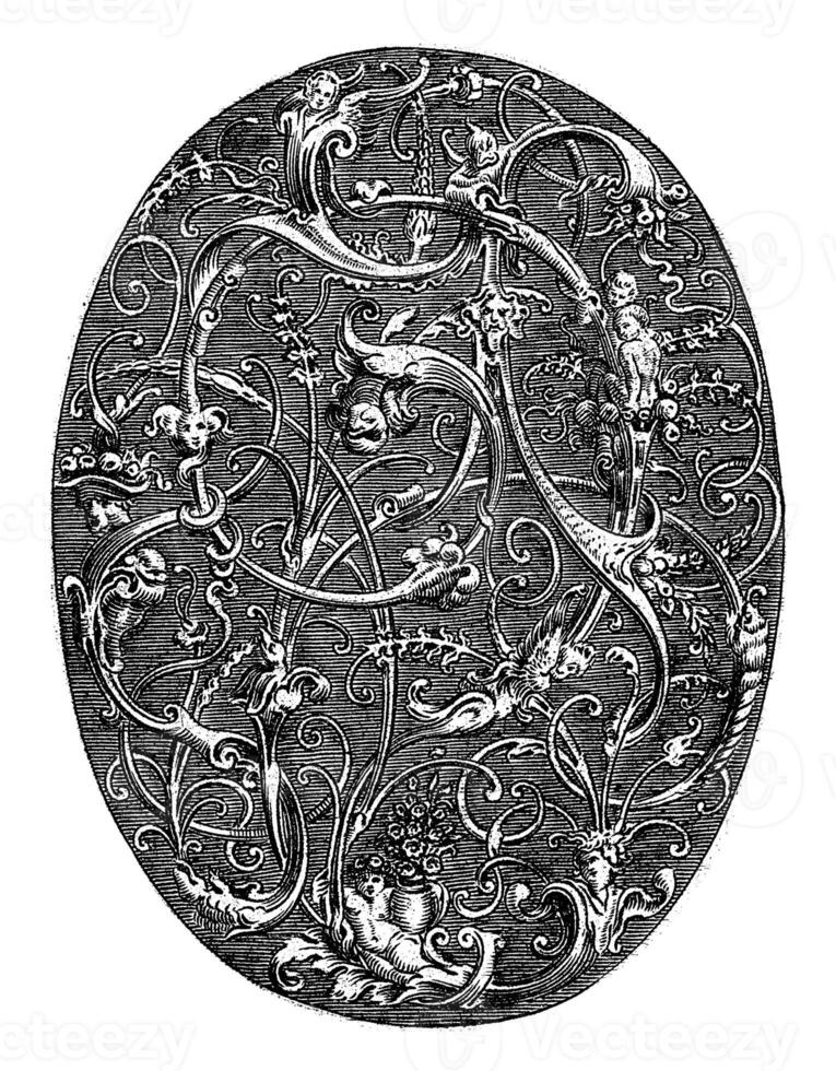 oval med stiliserade tendrils införlivande huvuden, hans janssen, 1615 - c. 1630 foto