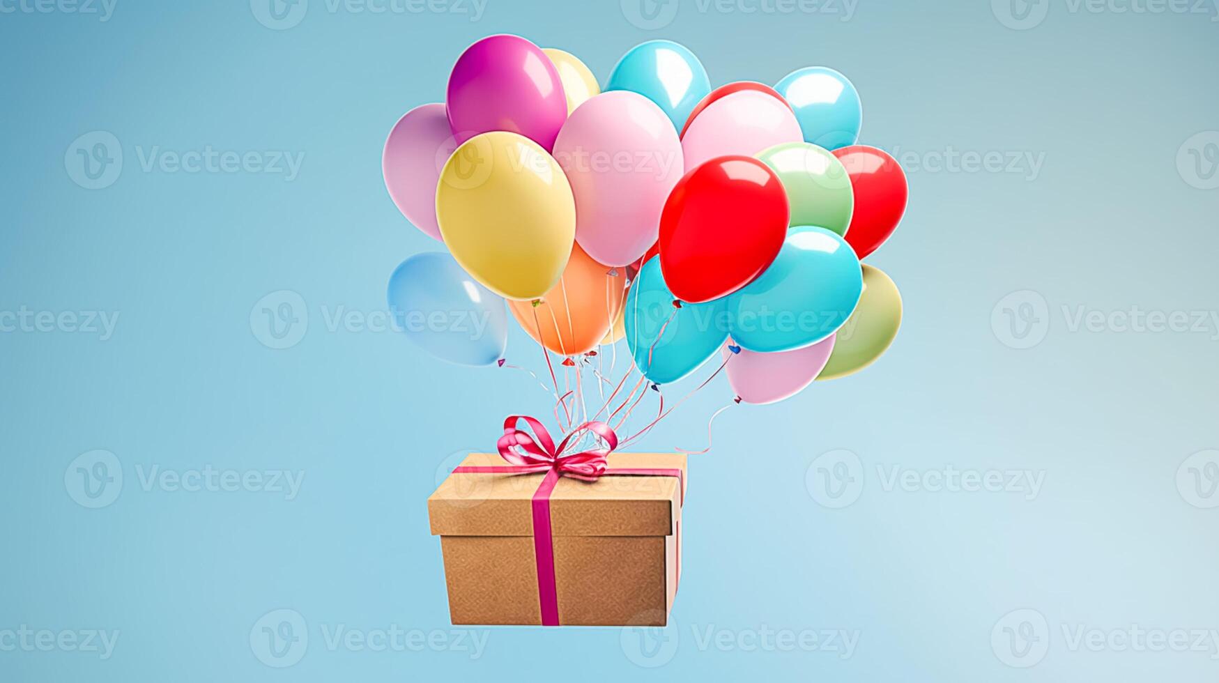 ai genererad post service, affär leverans och uppkopplad handla, flygande ballonger bärande en paket låda, generativ ai foto