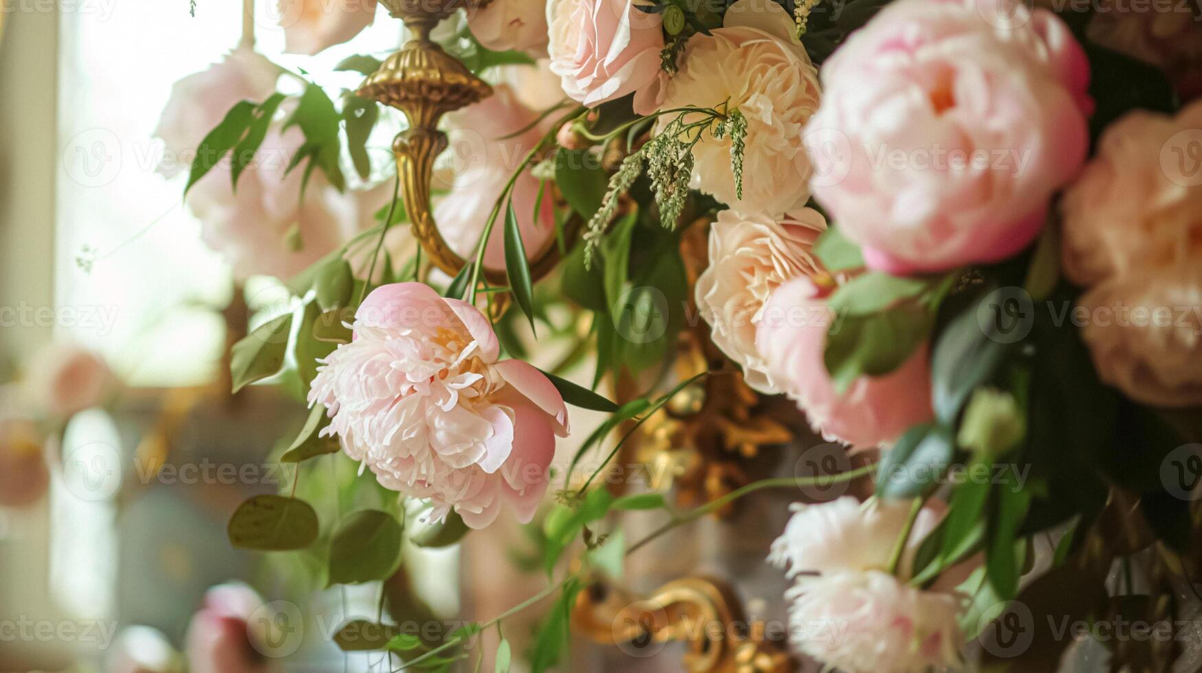 ai genererad bröllop dekoration med pioner, blommig dekor och händelse firande, pion blommor och bröllop ceremoni i de trädgård, engelsk Land stil foto