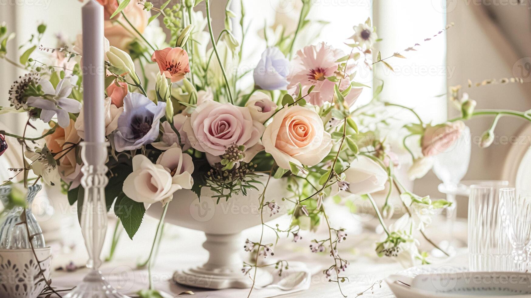 ai genererad vår blommor i årgång vas, skön blommig arrangemang, Hem dekor, bröllop och blomsterhandlare design foto