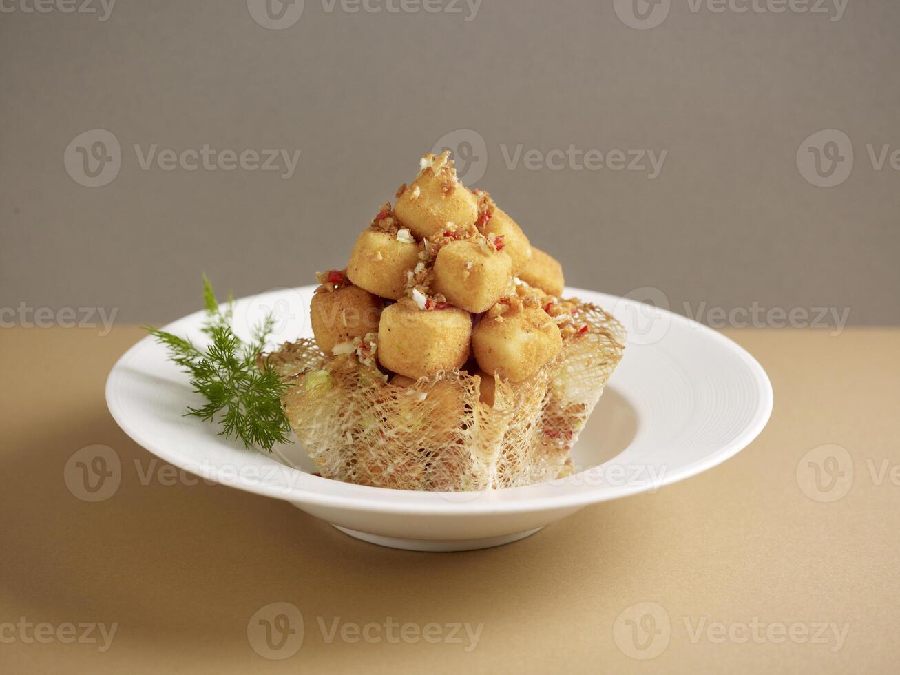 krispigt stekt tofu med salt och peppar eras i en maträtt isolerat på matta sida se på grå bakgrund foto