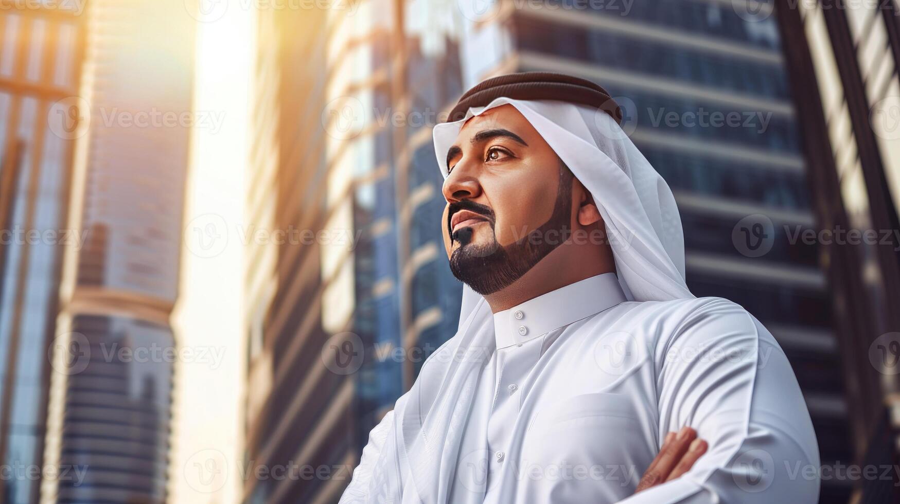 ai genererad en framgångsrik arab affärsman med ut av fokus stad byggnader i de bakgrund foto
