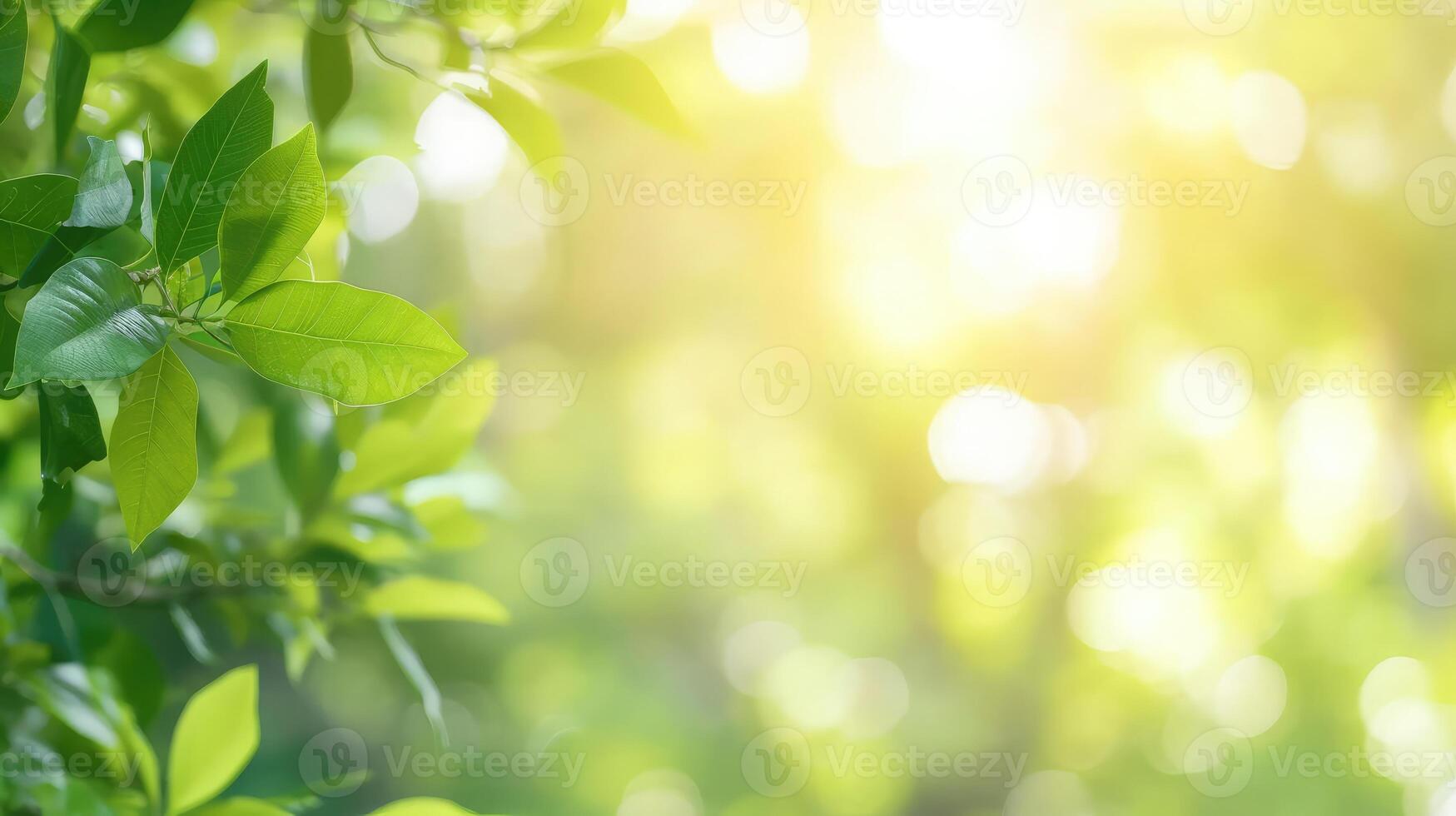 ai genererad skön natur se av grön blad på suddig grönska bakgrund i trädgård och solljus med kopia Plats foto