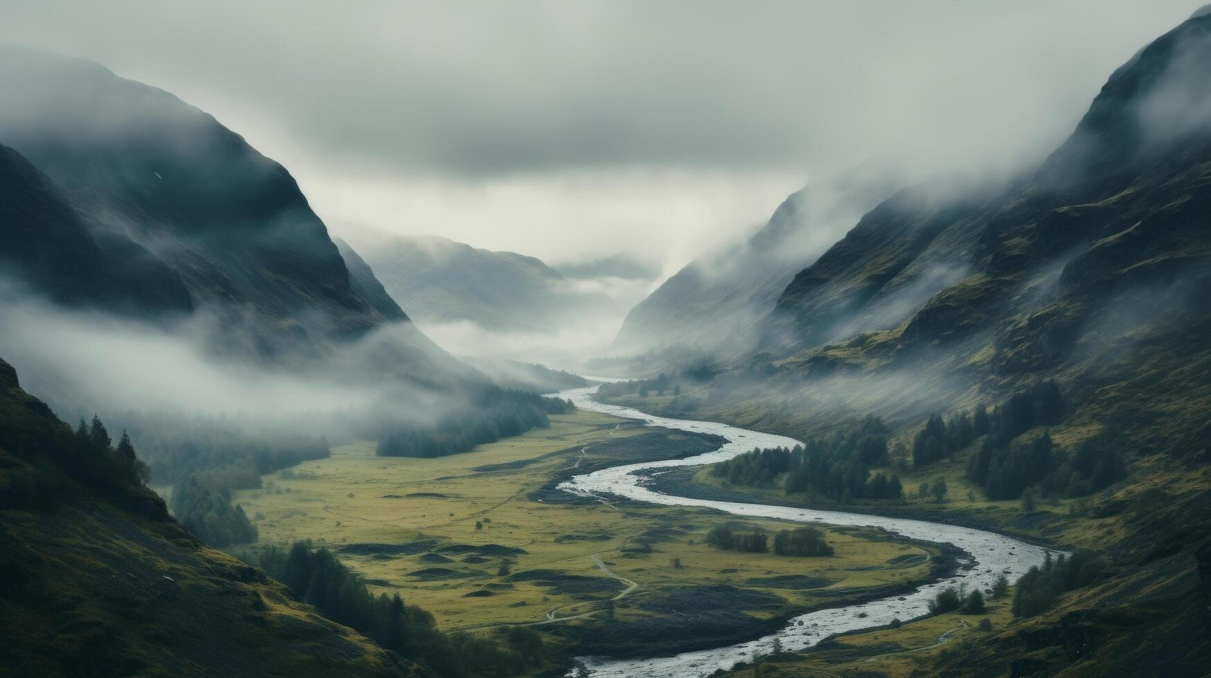 ai genererad dimmig bergen en bred vinkel skott av en dimmig dal foto