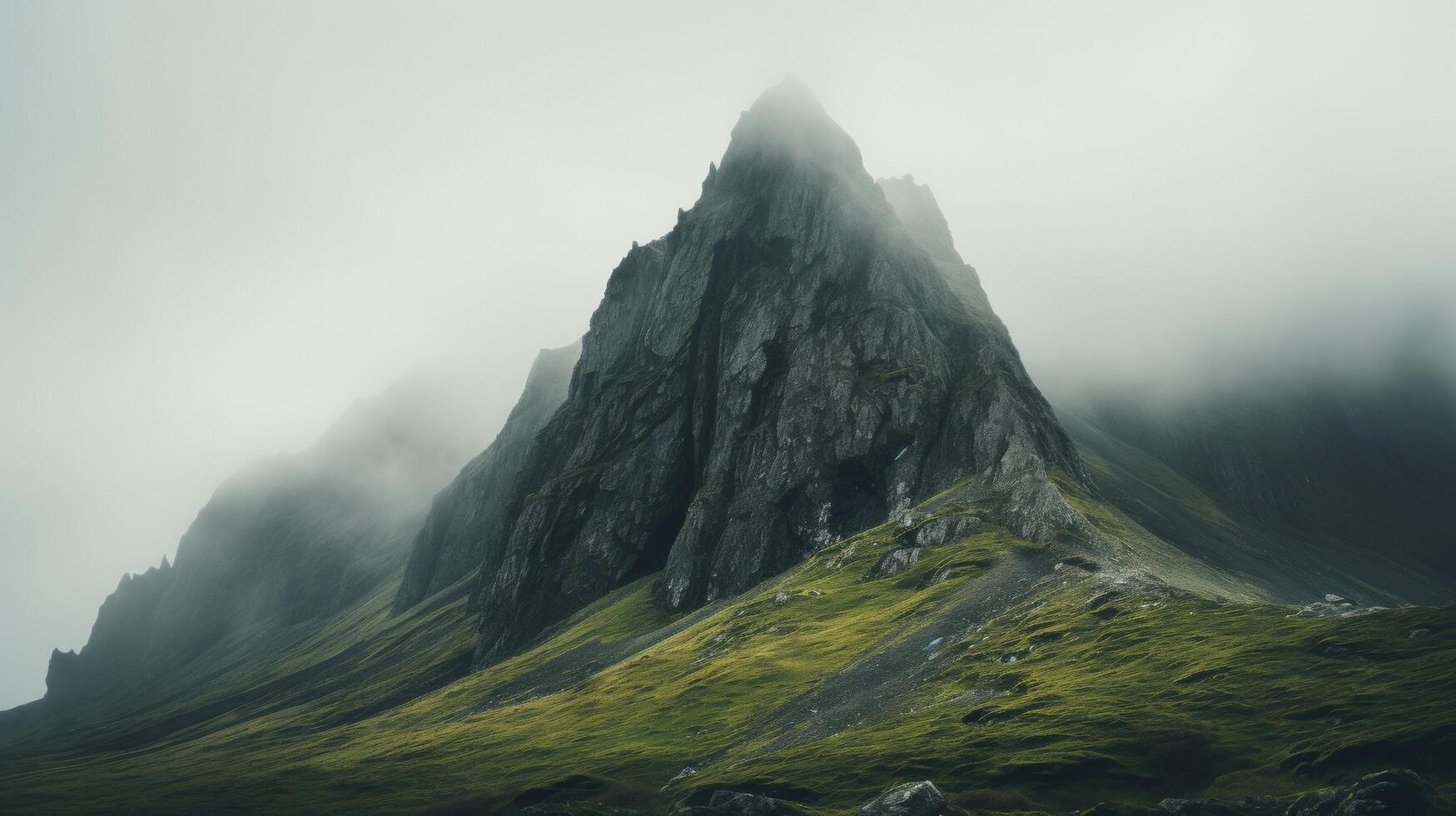 ai genererad dimmig berg topp med en oländig yta foto