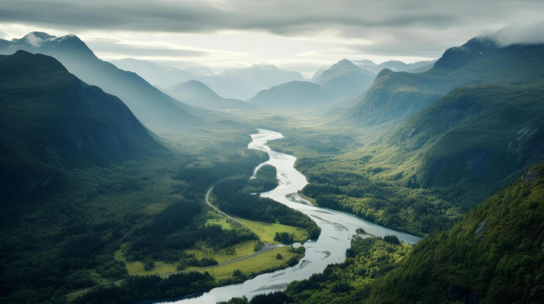 ai genererad berg landskap med en vridning flod sett från de himmel foto