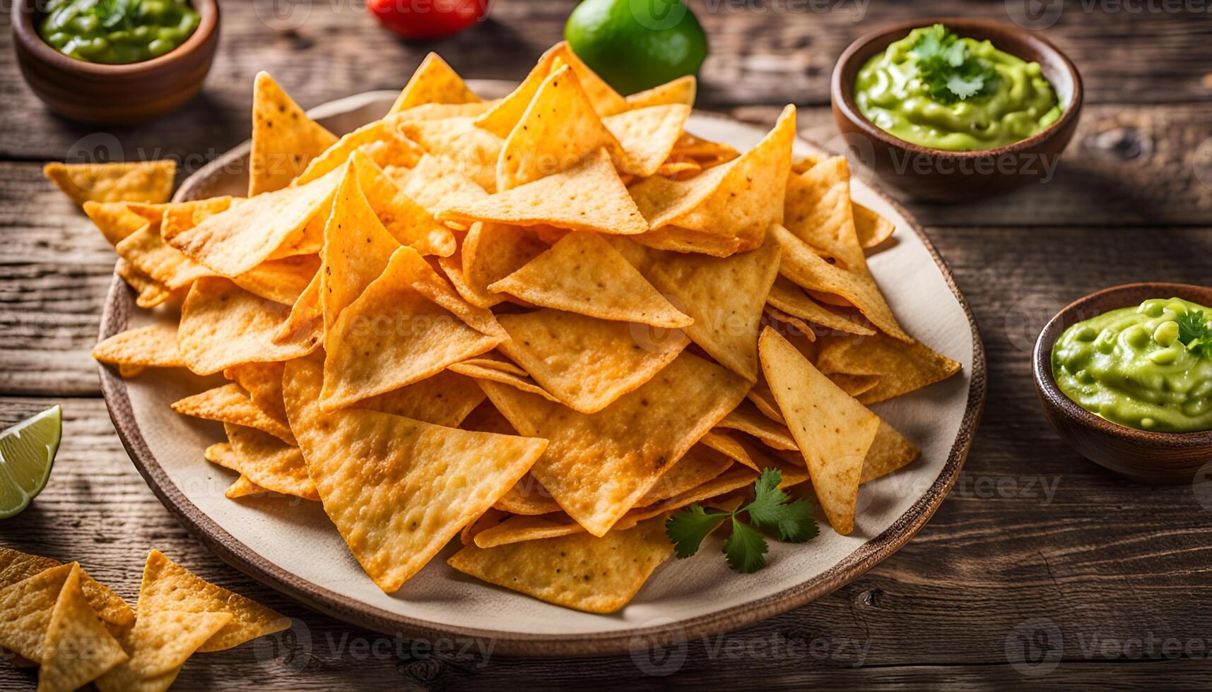 ai genererad nachos majs pommes frites i en tallrik på en trä- tabell. mexikansk mat begrepp. topp se. foto