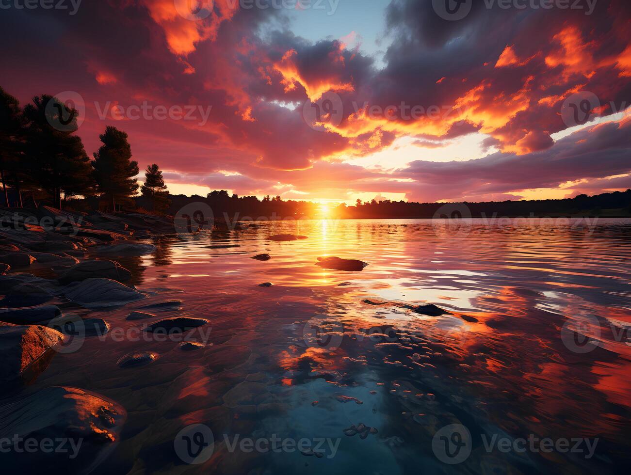 ai genererad skön solnedgång panorama över de sjö och horisont. lugn landskap tapet. generativ ai foto
