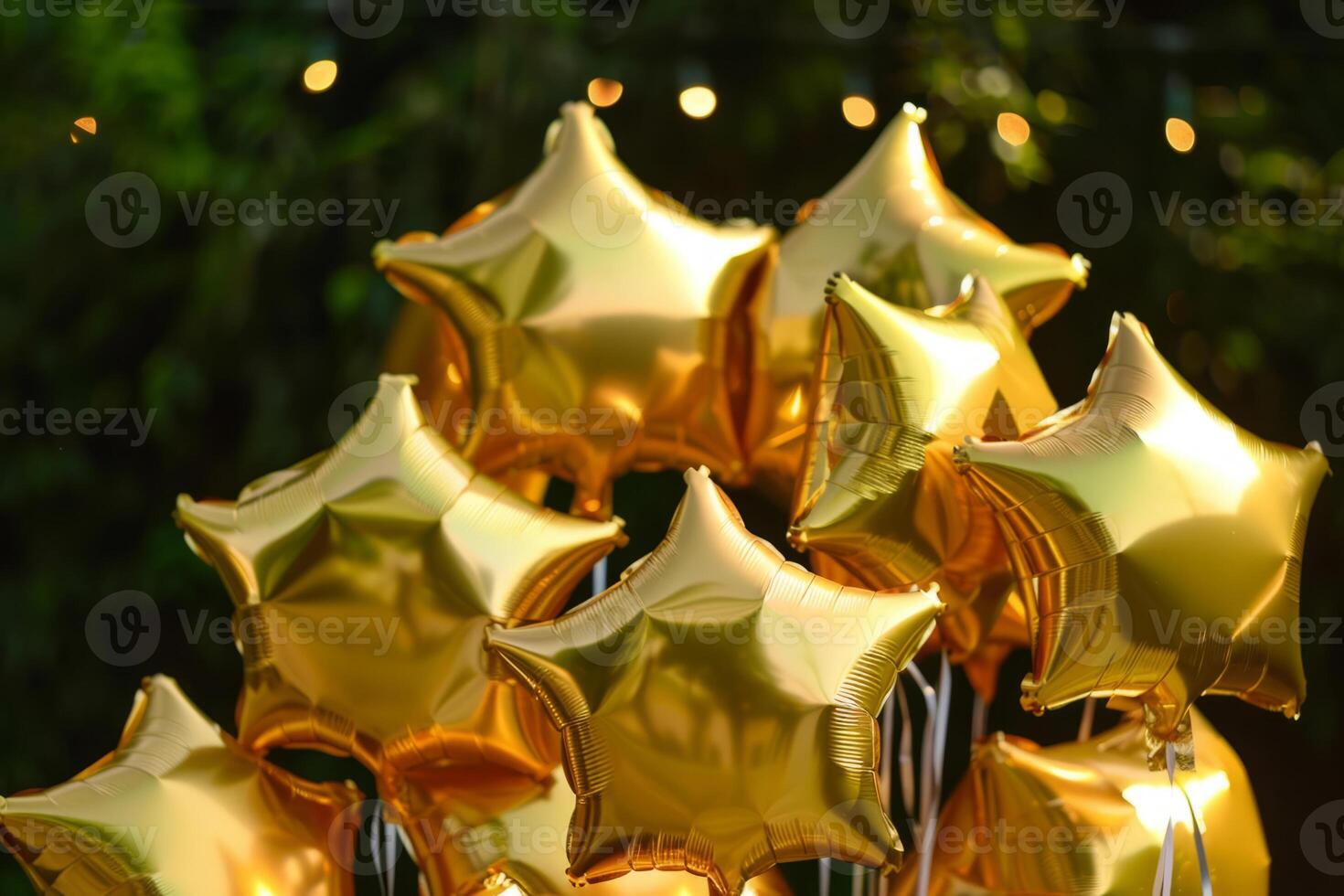 ai genererad grupp av guld folie stjärna formad ballonger. generativ ai foto