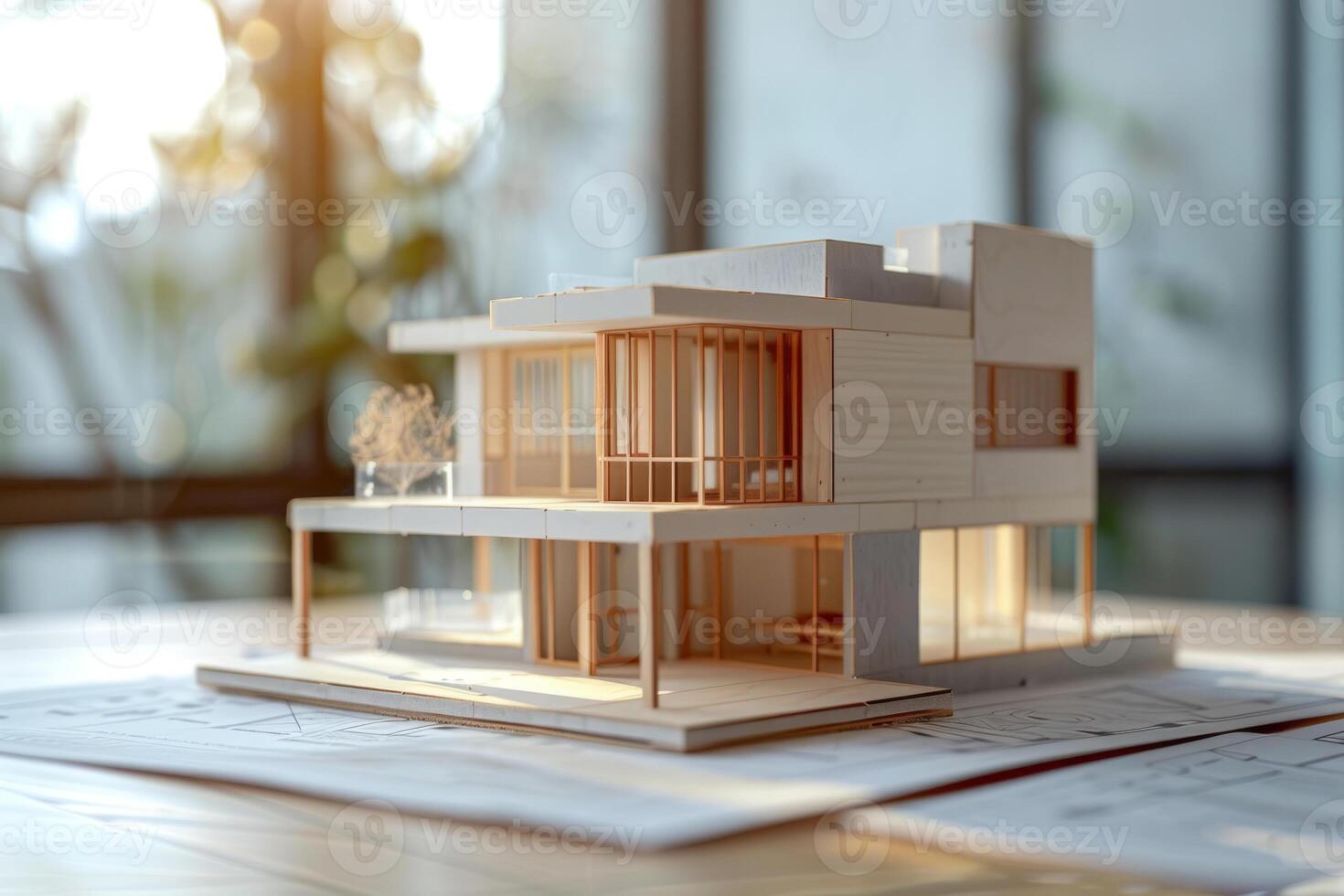 ai genererad hus projekt ritningar och arkitektonisk hus modell på ett kontor skrivbord. arkitekt ingenjör arbetsyta. generativ ai foto