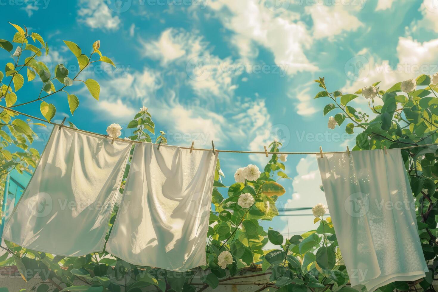 ai genererad torr kläder hängande på en tvätt rep utanför med grön växter och en blå himmel i de bakgrund. generativ ai foto