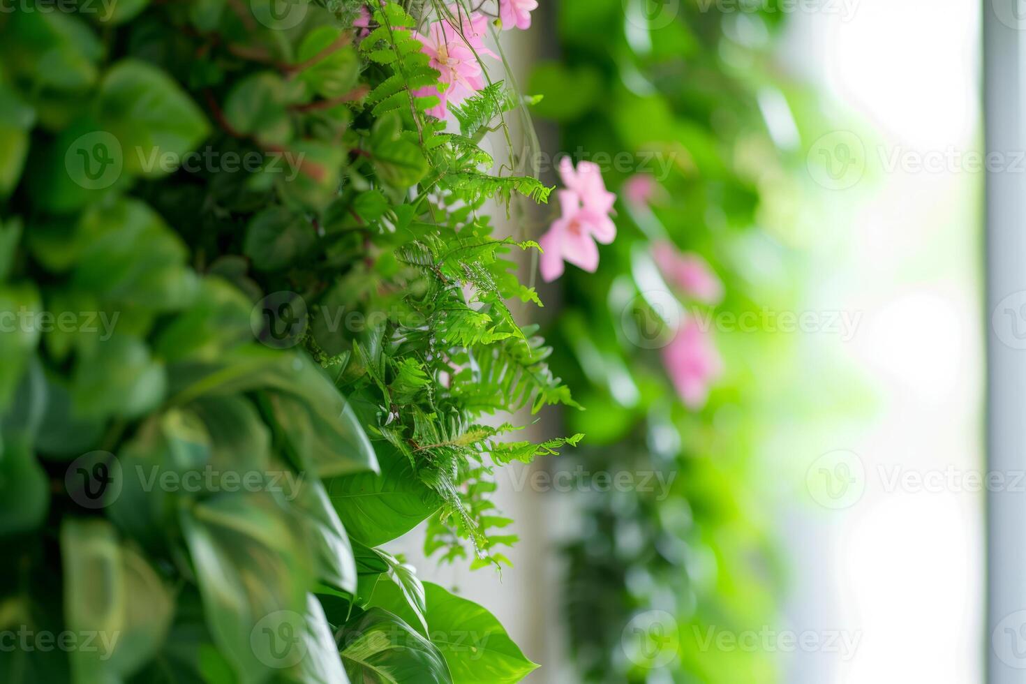 ai genererad interiör med blommig vertikal trädgårdar. grön vägg. generativ ai foto