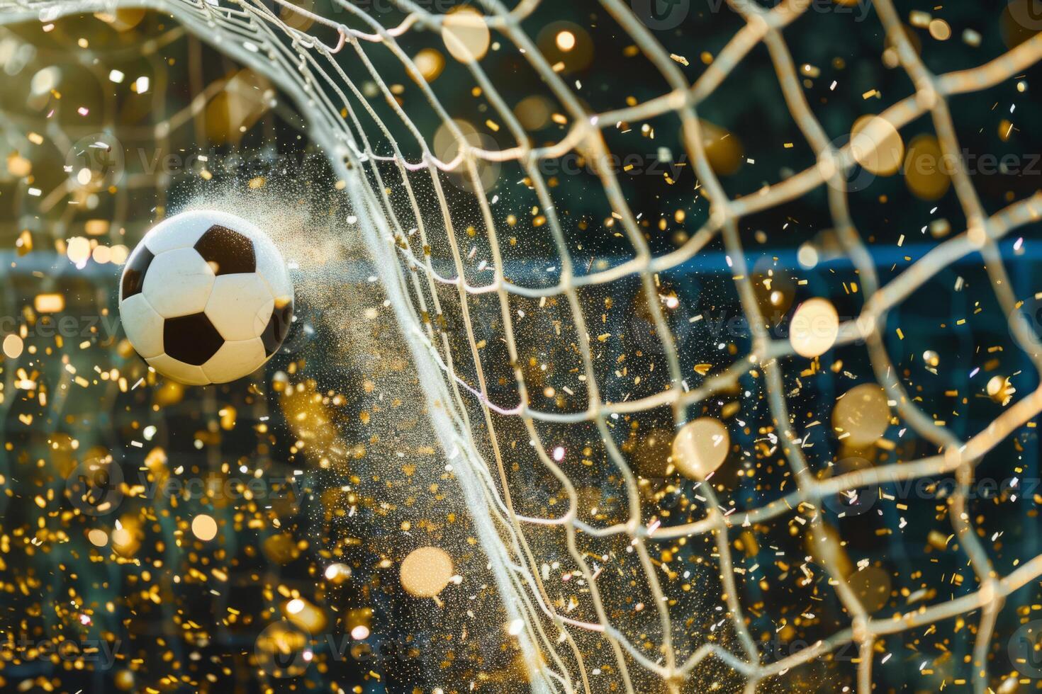 ai genererad fotboll boll varelse sparkade in i de mål netto med gyllene gnistrande konfetti och glitter. generativ ai foto