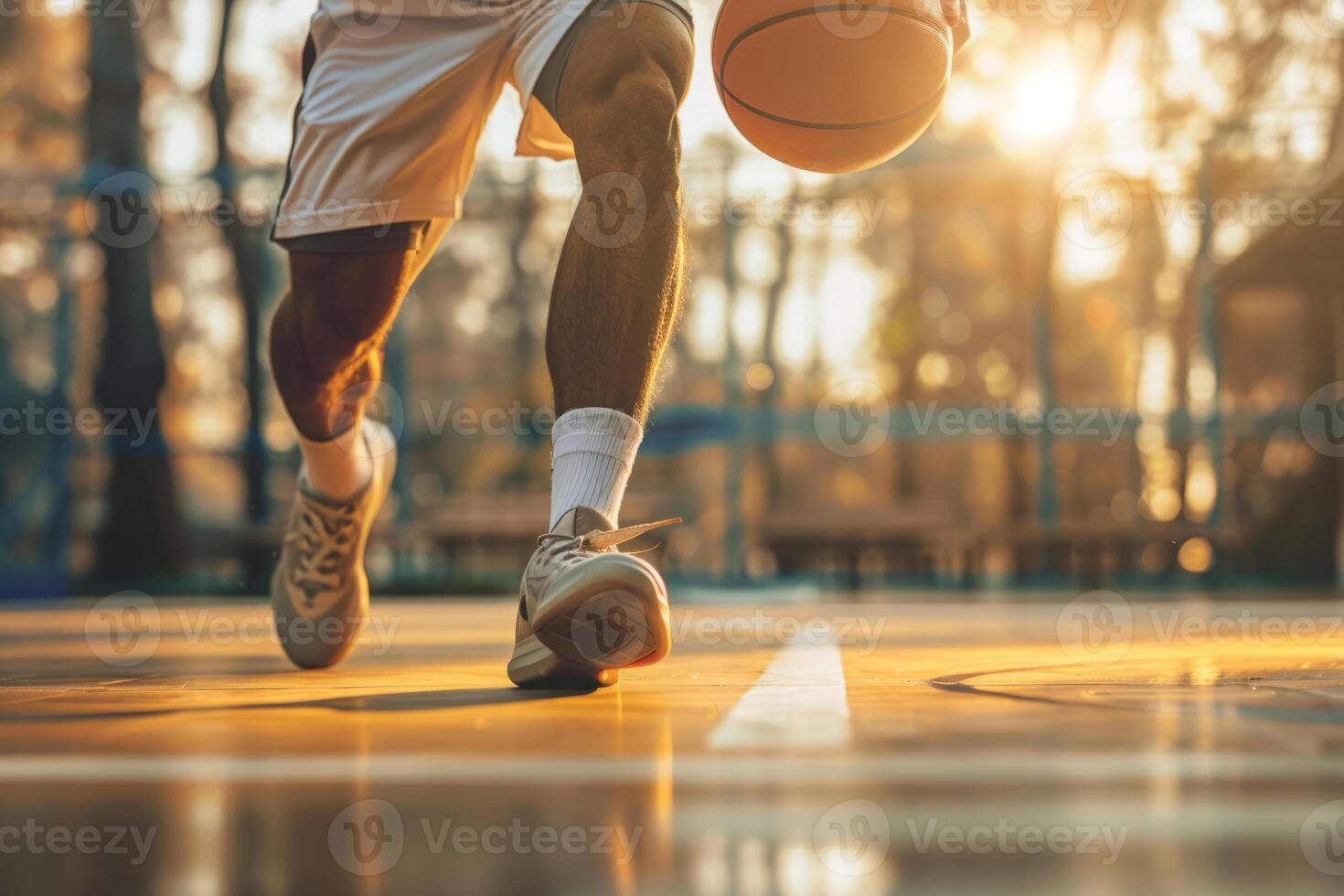 ai genererad basketboll spelare dribblingar de boll på basketboll domstol. generativ ai foto