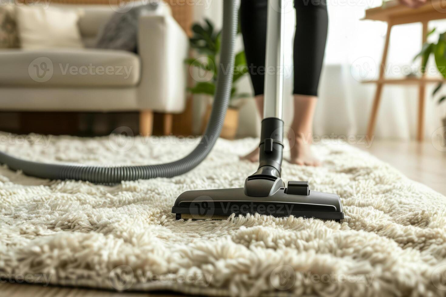 ai genererad kvinna rengöring de matta med Vakuum rengöringsmedel i de levande rum. generativ ai foto