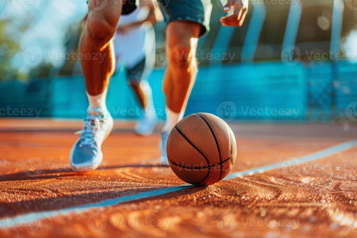 ai genererad basketboll spelare dribblingar de boll på basketboll domstol. generativ ai foto