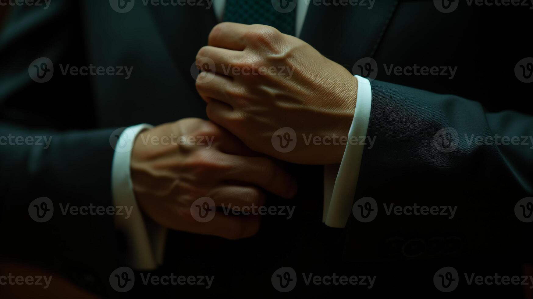 ai genererad detaljerad se av en mannens händer som han försiktigt justerar de manschettknappar på hans kostym ärm, skildrar raffinemang och förberedelse. foto