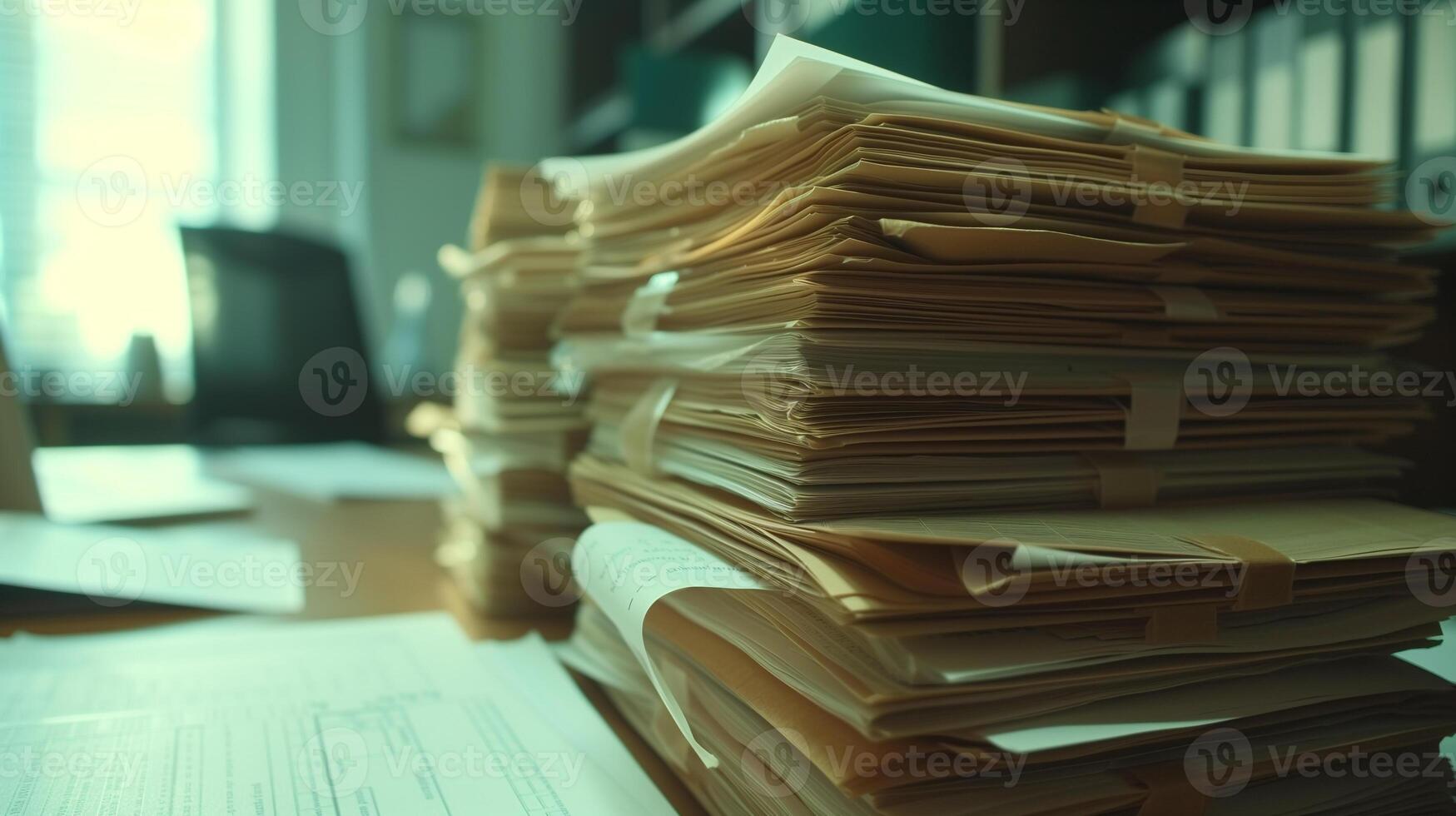 ai genererad pålar av organiserad dokument och filer staplade hög på en skrivbord, highlighting de börda av administrativ arbete i ett kontor miljö. foto