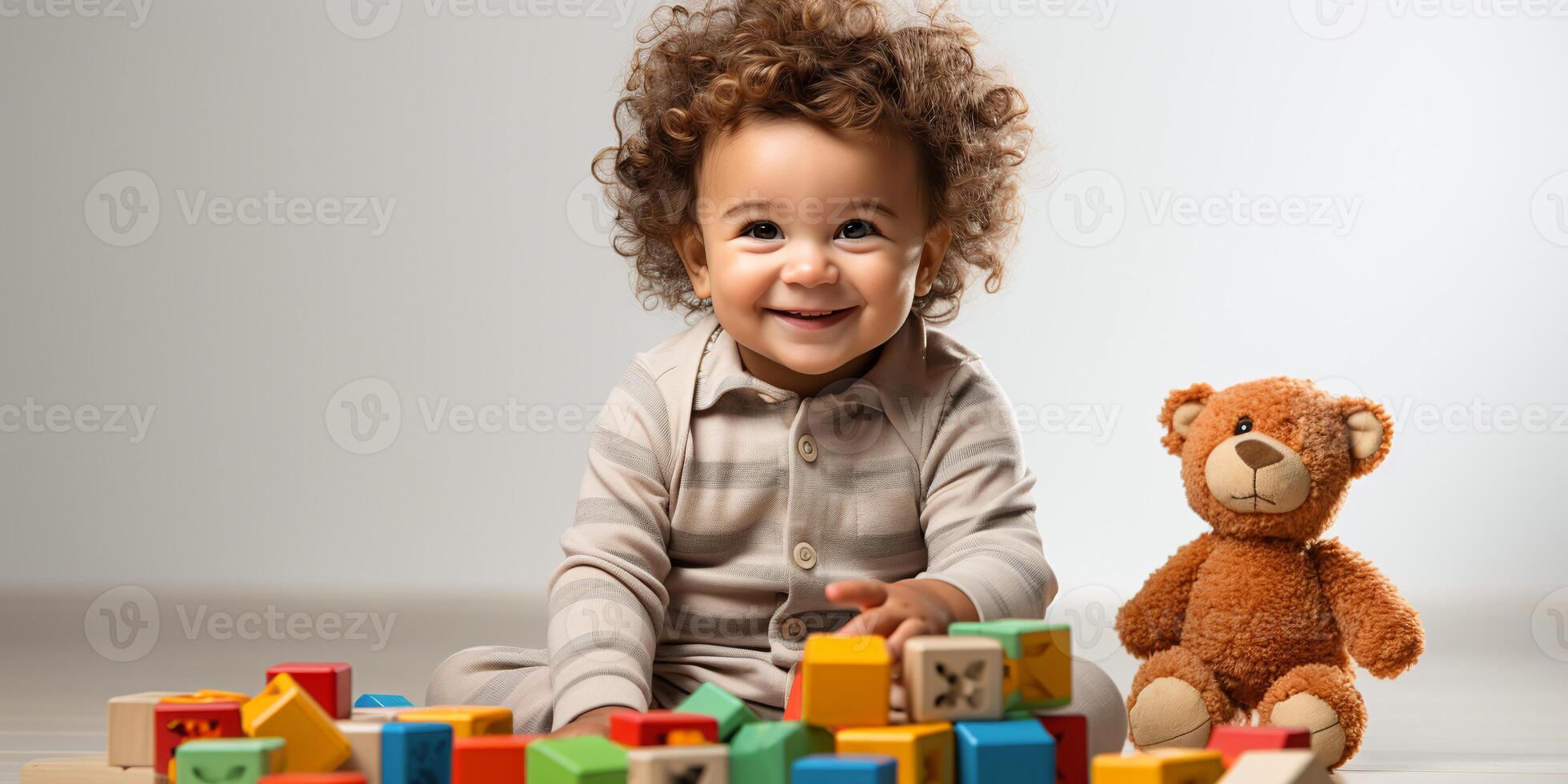 ai genererad glad lockigt hår litet barn med färgrik block och plysch Björn, barnets spela och inlärning. foto