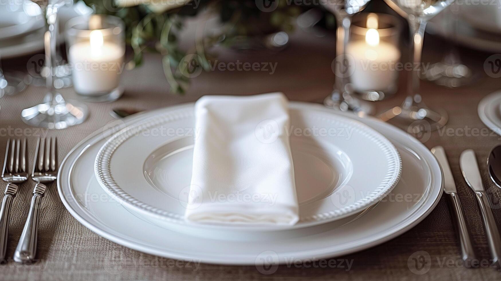 ai genererad elegant tabell miljö med vit Kina, bestick, och servett ringa för bra dining evenemang foto