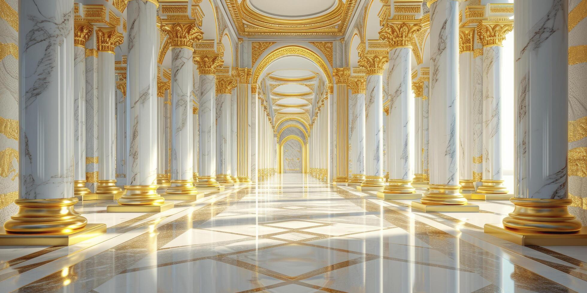 ai genererad en digitalt återges bild skildrar en korridor med vit pelare Utsmyckad i guld, skapande ett elegant bakgrund. foto