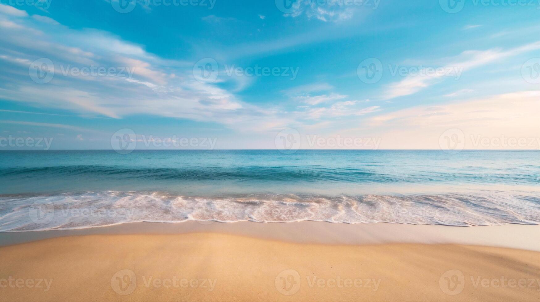 ai genererad strand och tropisk hav på solnedgång tid - mjuk Vinka och sand foto