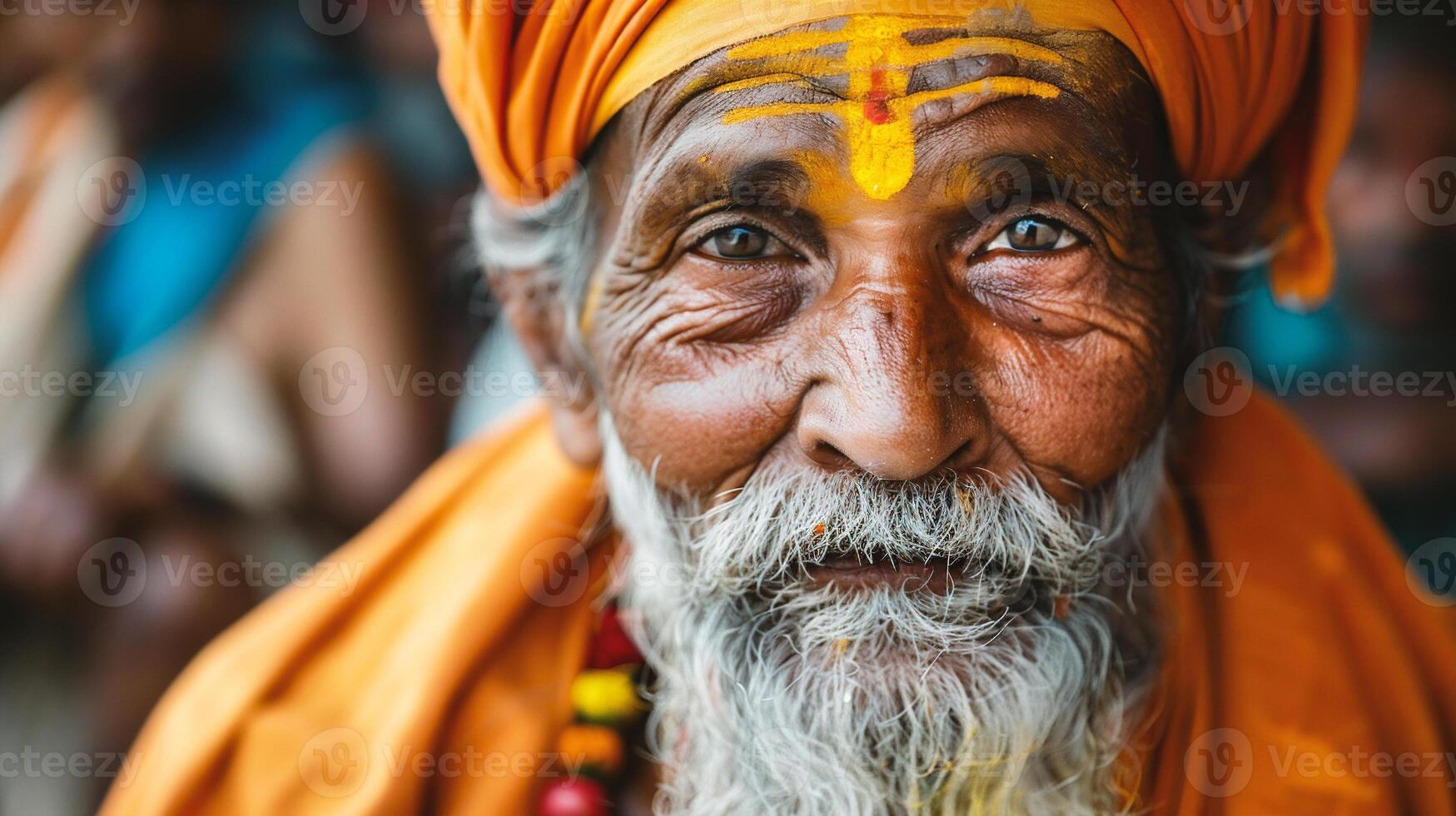 ai genererad porträtt av en sadhu på de tempel i de morgon- foto