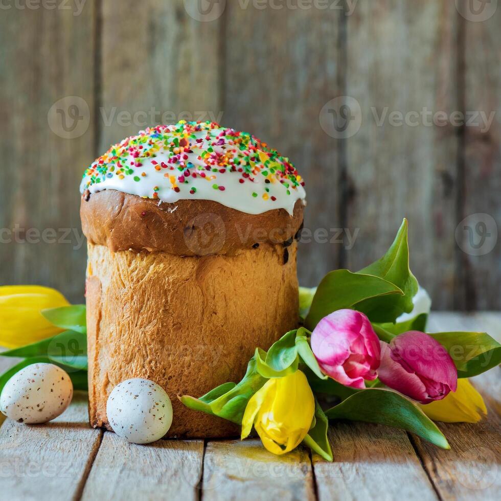 påsk ägg panettone bröd kaka bakgrund Lycklig påsk vår Semester tulpan foto