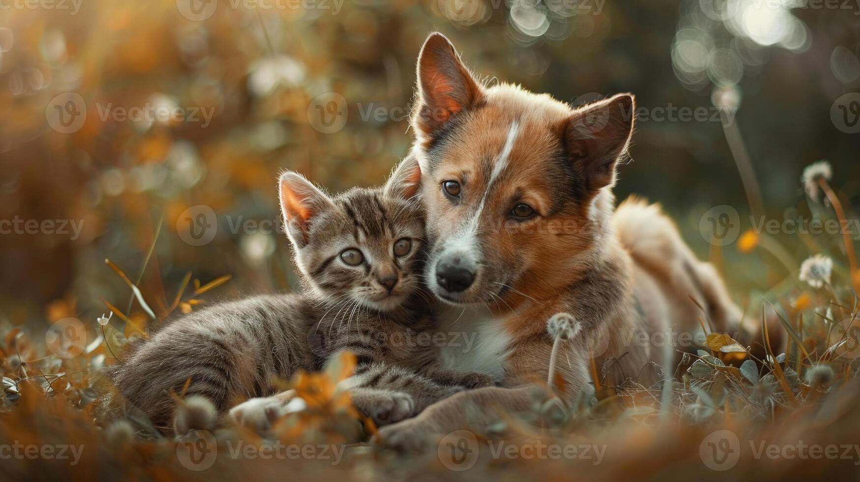 ai genererad valp och kattunge liggande tillsammans. kärlek, förtjusande, söt, djur, vänskap, vård, katt, hund, kram, sällskapsdjur foto