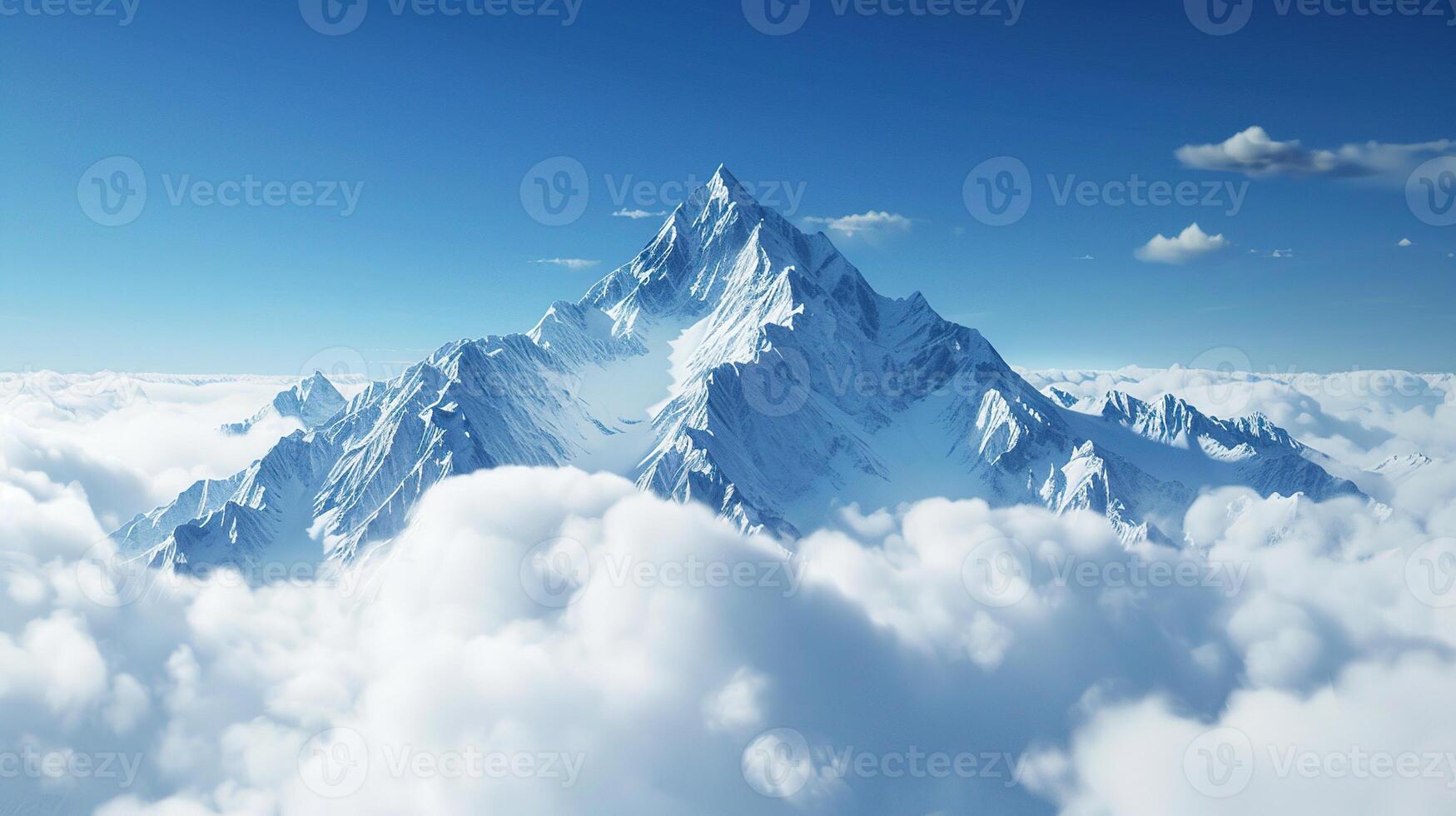 ai genererad enorm snöig berg topp ovan de moln med blå himmel. landskap, snö, mål, mål, is foto