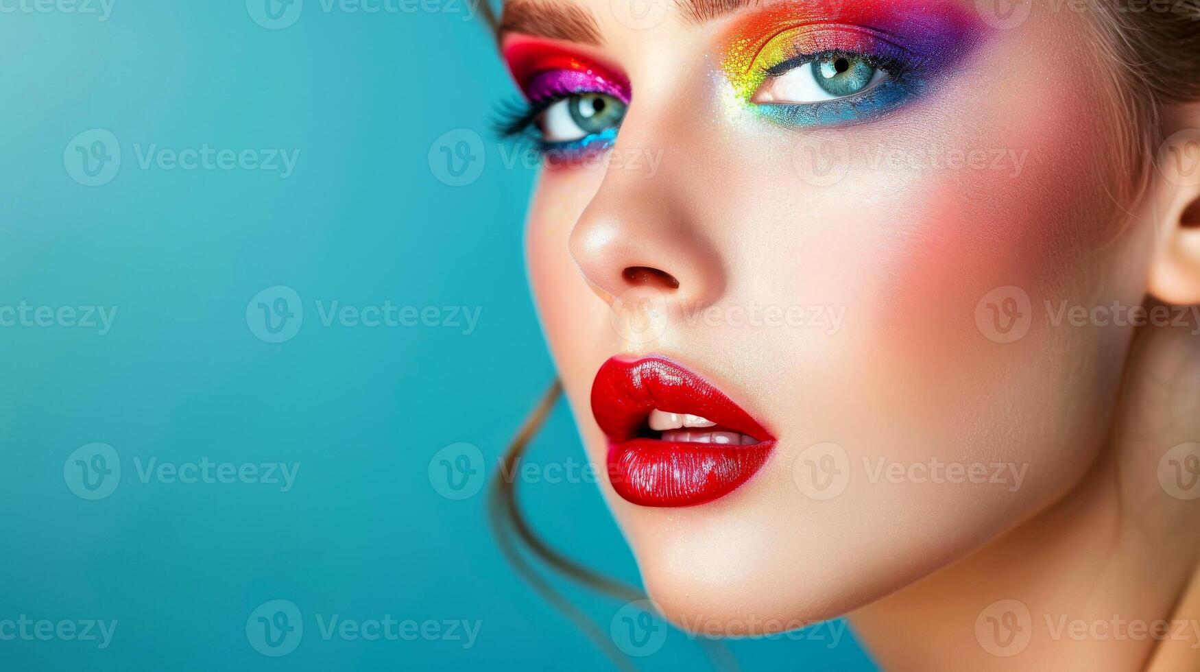 ai genererad närbild, Söt ansikte av en skön kvinna med mång färger levande smink på minimal bakgrund, generativ ai foto