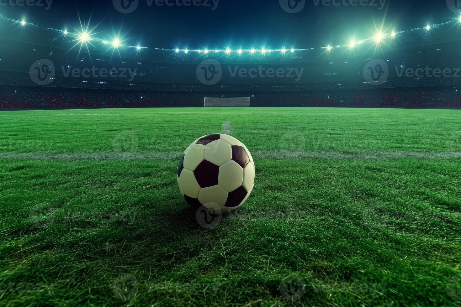 ai genererad närbild av fotboll boll i de stadion i de kväll ljus, generativ ai foto