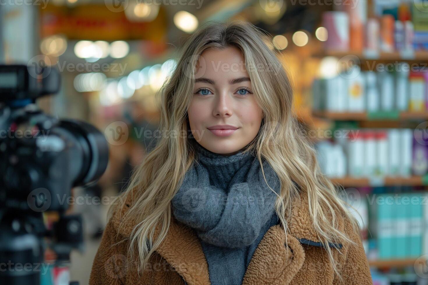 ai genererad en ung kvinna av 30 år gammal är filmning en video blog . promenader runt om de Lagra och visar kosmetika foto