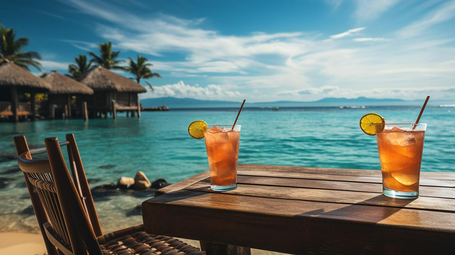 ai genererad två glasögon av juice med ett varelse hölls upp med en sugrör, skön panorama- natur. tropisk strand som sommar ö landskap med stolar paraply handflatan löv lugna hav Strand, kust. foto