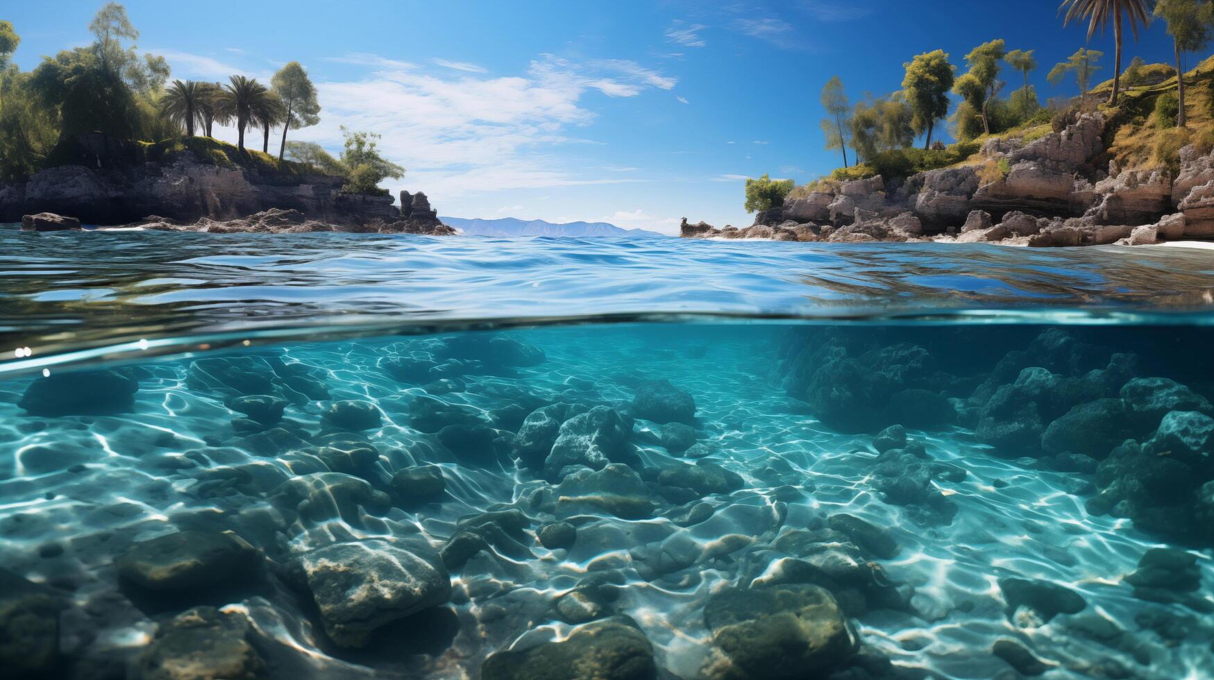 ai genererad tropisk paradis strand med vit sand och blå hav vatten resa turism bred panorama bakgrund begrepp. idyllisk strand landskap, mjuk vågor, fredlig natur landskap foto