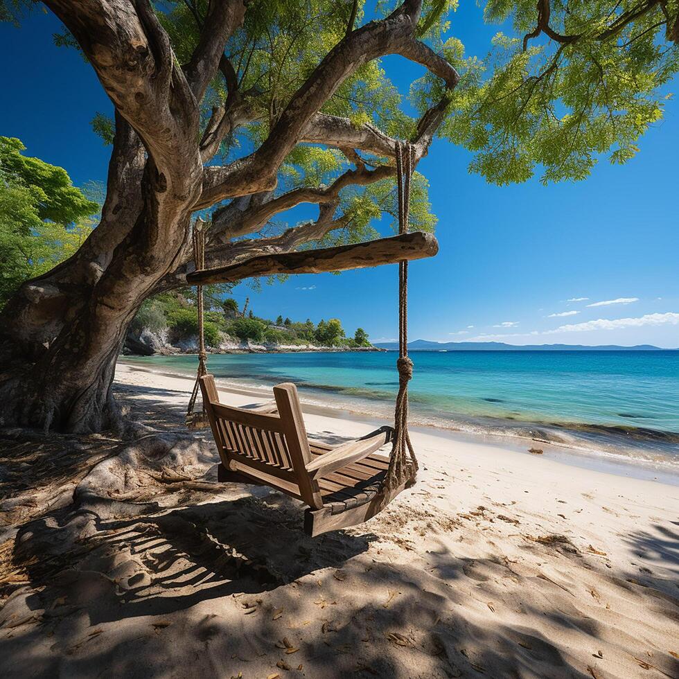 ai genererad tropisk strand paradis som sommar landskap med strand gunga eller hängmatta och vit sand, lugna hav lugn strand. lyx strand semester sommar Semester. foto