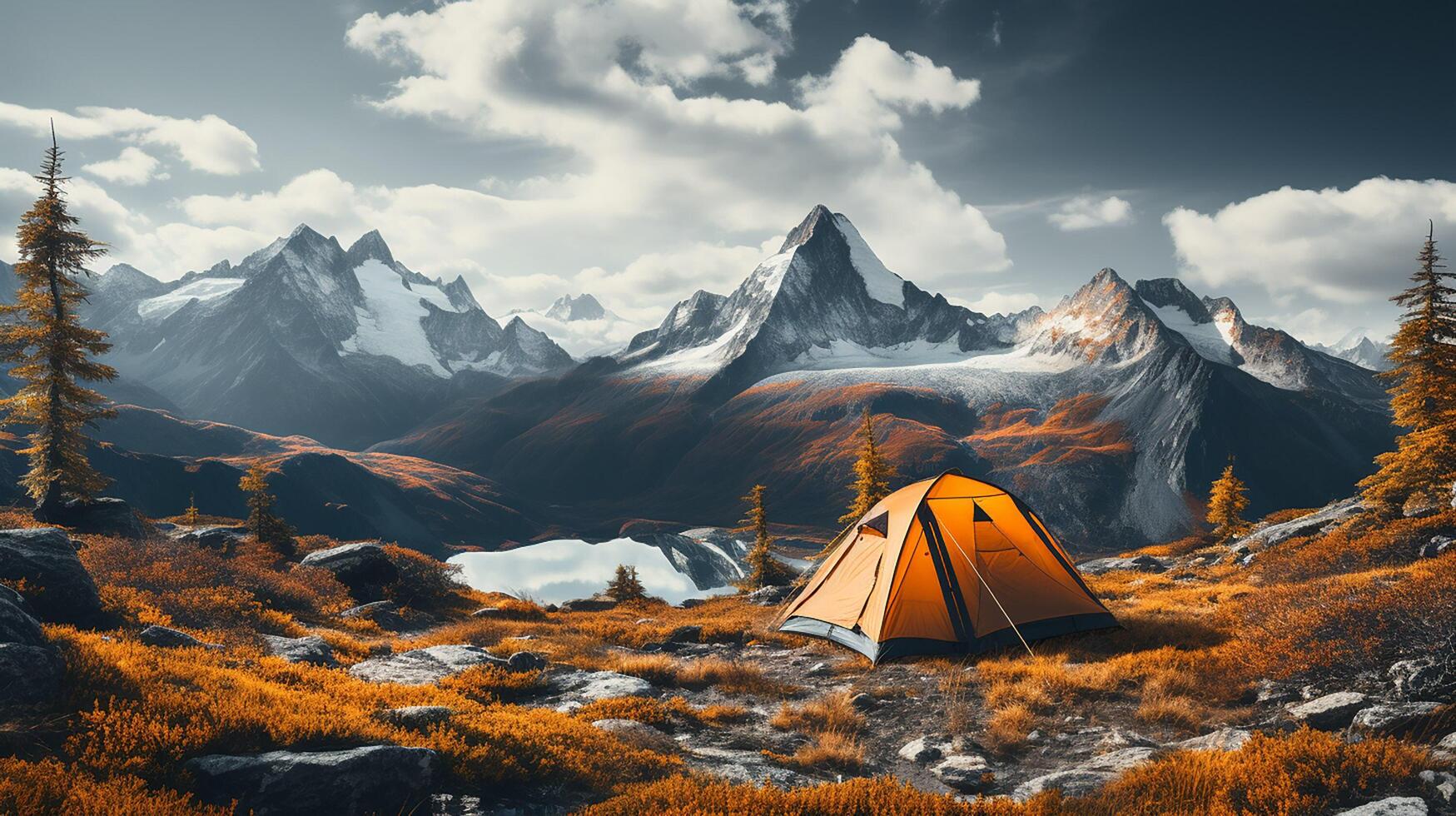 ai genererad grymt bra camping i topp av berg. ensam grön tält är dold i en berg skog bland röd dvärg- björk buskar. turism begrepp äventyr resa utomhus- foto