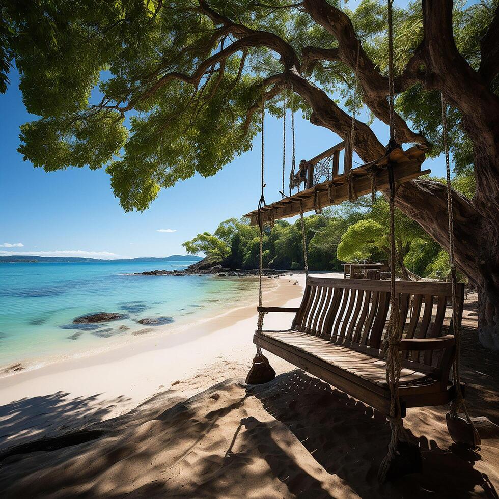 ai genererad tropisk strand paradis som sommar landskap med strand gunga eller hängmatta och vit sand, lugna hav lugn strand. lyx strand semester sommar Semester. foto