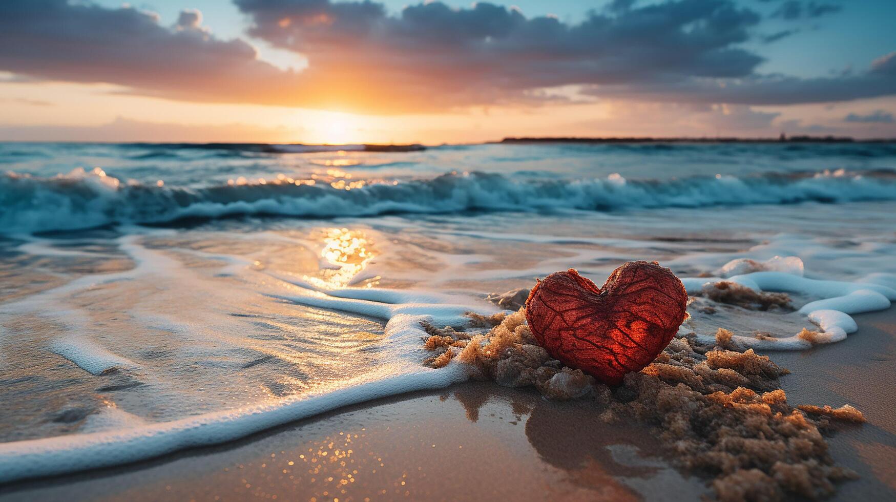 ai genererad perfekt teckning av hjärta form i mjuk sand skön marinmålning bakgrund. romantisk hjärtans dag eller kärlek strand scen, topp antenn se. romantik, smekmånad i semester, sommar resa. foto