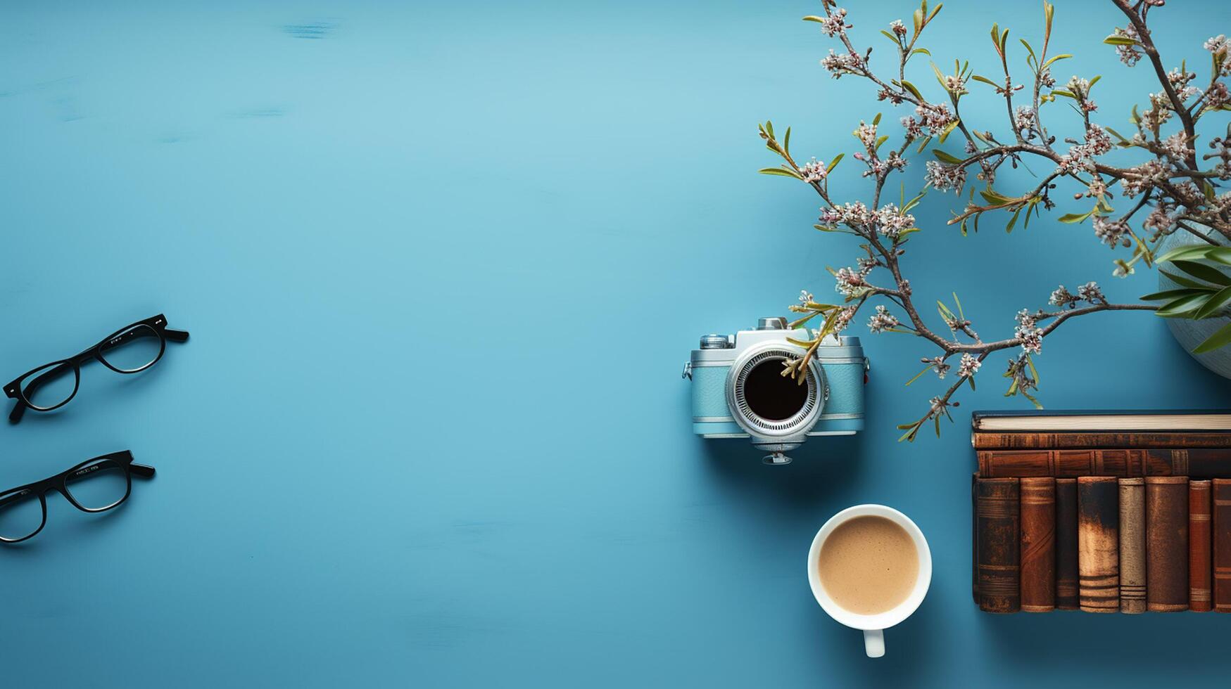 ai genererad företag begrepp, avslappning i arbetssätt tid, dricka kaffe tar en ha sönder på rena ljus blå kontor tabell, kopia Plats, platt lägga, topp se. foto