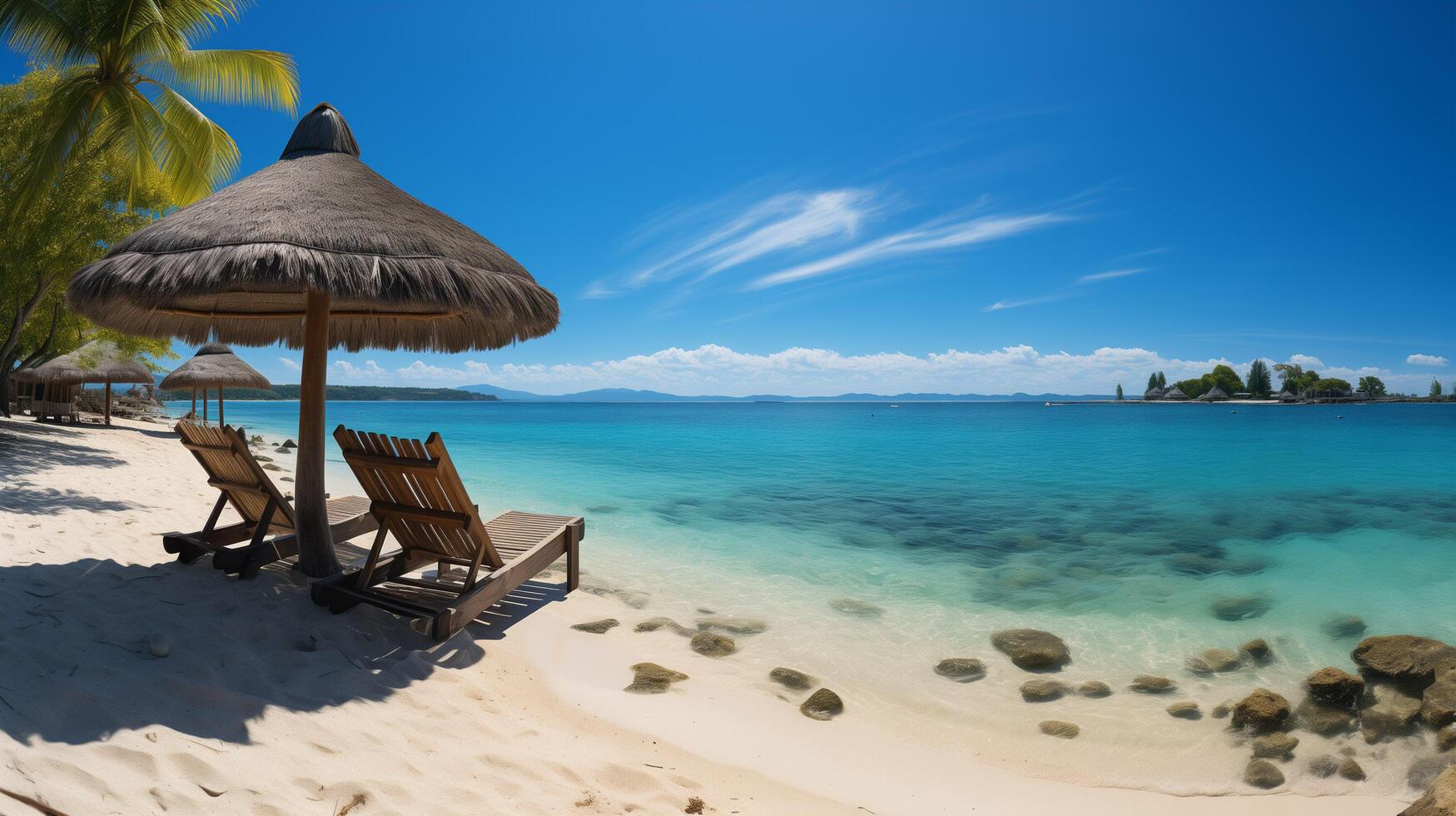 ai genererad skön panorama- natur. tropisk strand som sommar ö landskap med stolar paraply handflatan löv lugna hav Strand, kust. foto