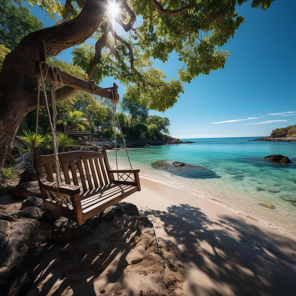 ai genererad tropisk strand paradis som sommar landskap med strand gunga eller hängmatta och vit sand, lugna hav lugn strand. lyx strand semester sommar Semester. foto