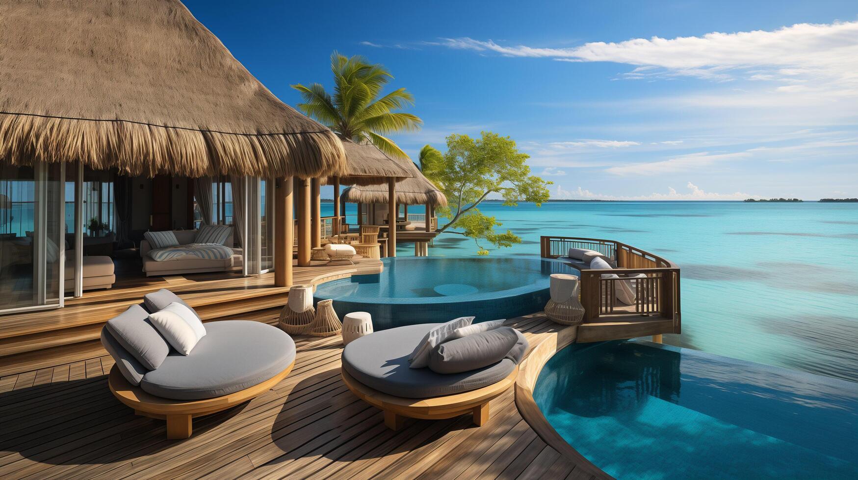ai genererad fantastisk över vatten villa, terrass se med Sol sängar stolar under paraply, lyx slå samman hotell med fantastisk hav se foto