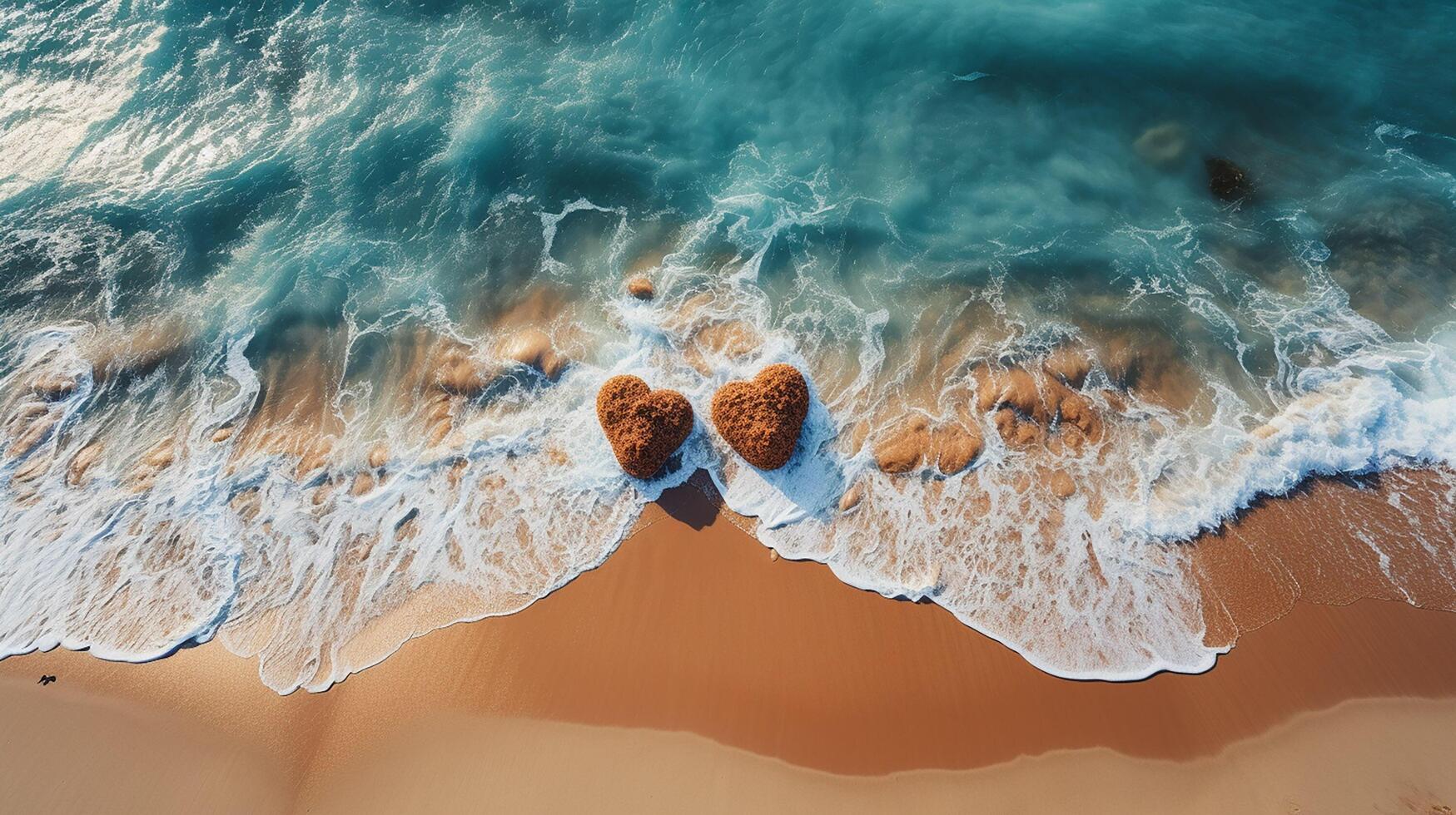 ai genererad perfekt teckning av hjärta form i mjuk sand skön marinmålning bakgrund. romantisk hjärtans dag eller kärlek strand scen, topp antenn se. romantik, smekmånad i semester, sommar resa. foto