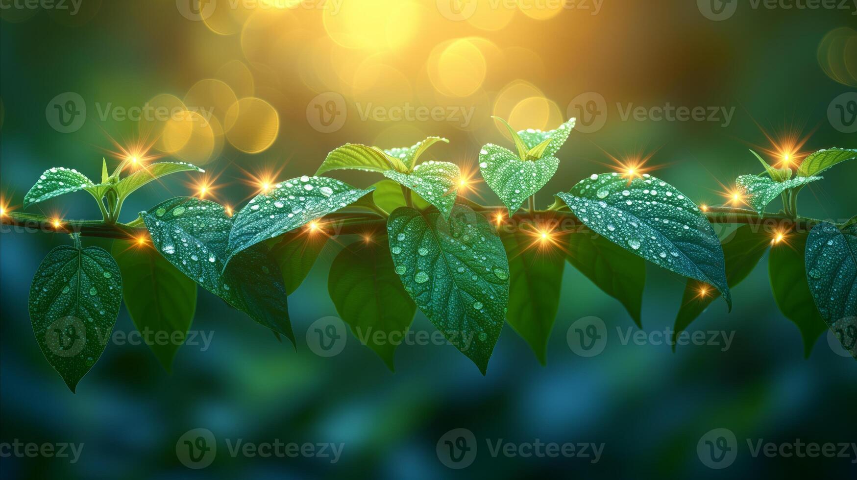 ai genererad naturens magi, gnistrande vatten droppar på grön löv med Sol blossa foto