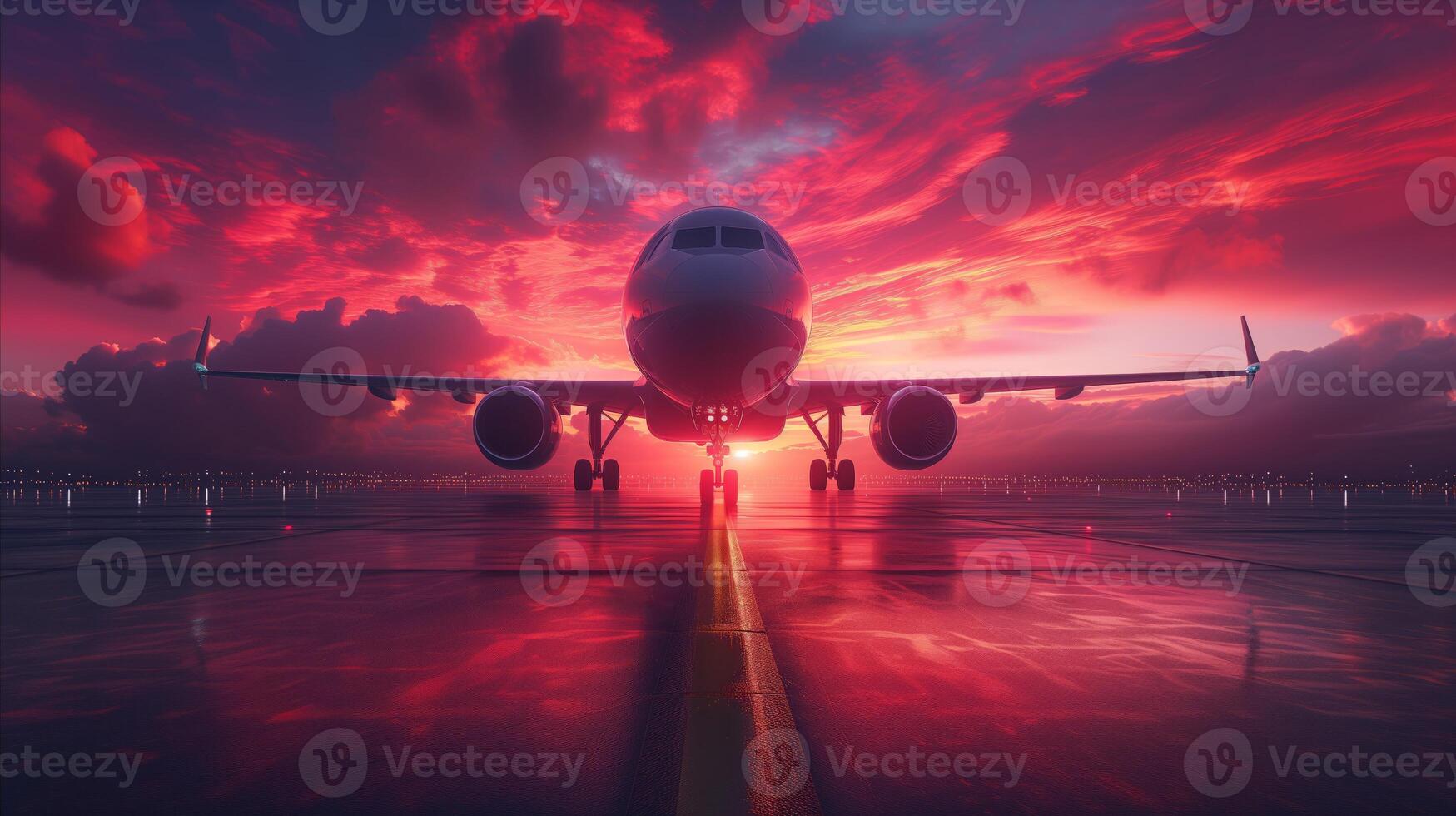 ai genererad kommersiell flygplan på bana under vibrerande solnedgång, resa begrepp foto