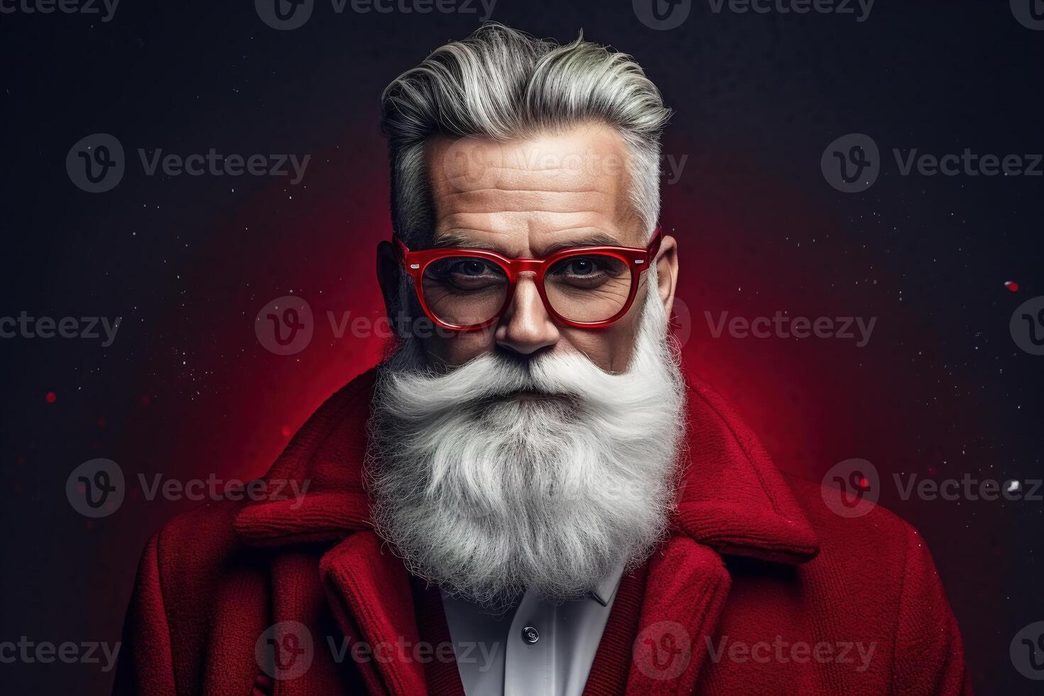 ai genererad eleganta modern santa claus begrepp. porträtt av Brutal gråhårig mustasch senior hipster man med trendig frisyr bär röd kostym och glasögon, ser på kamera foto