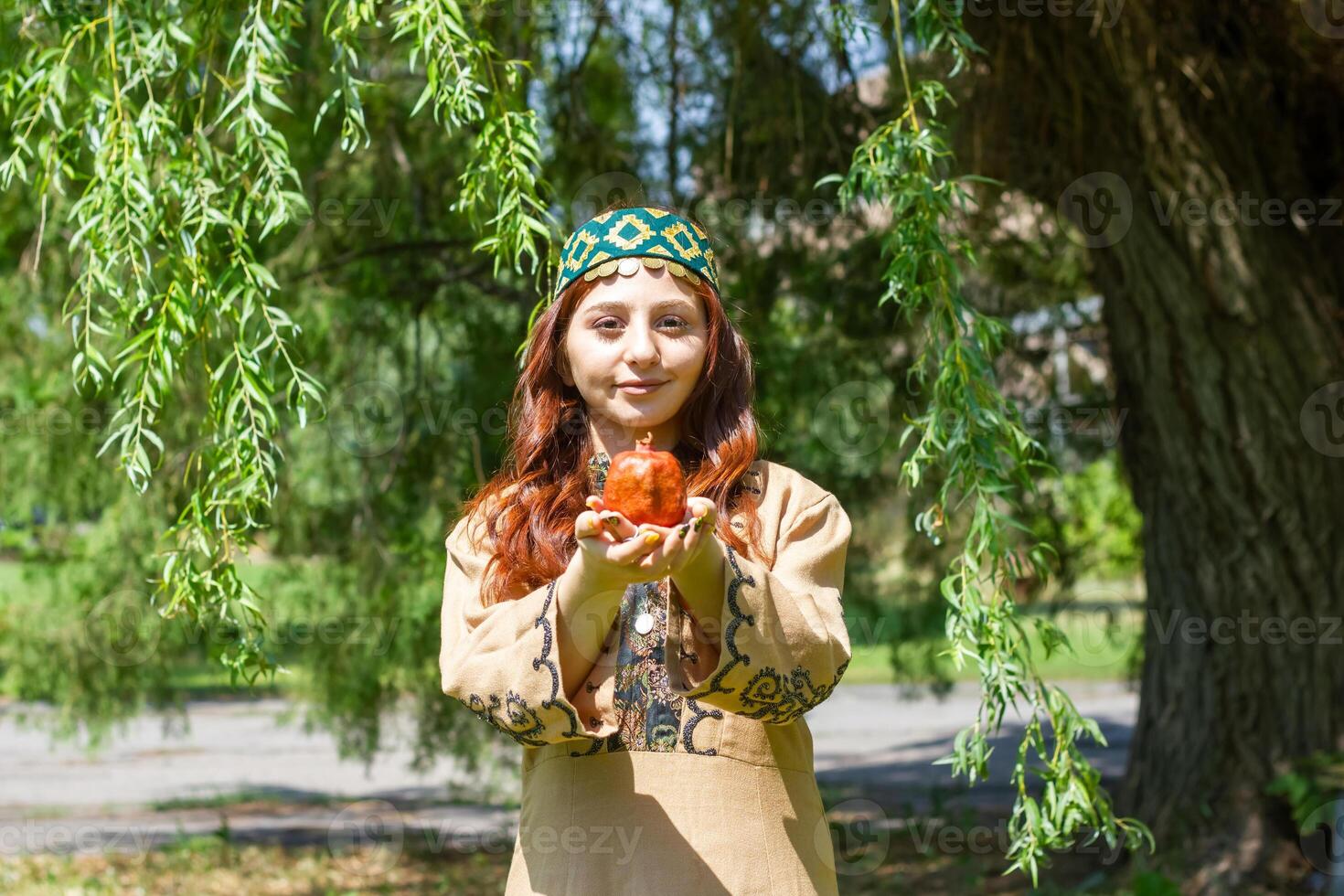 armeniska ung kvinna i traditionell kläder i de natur i sommar foto